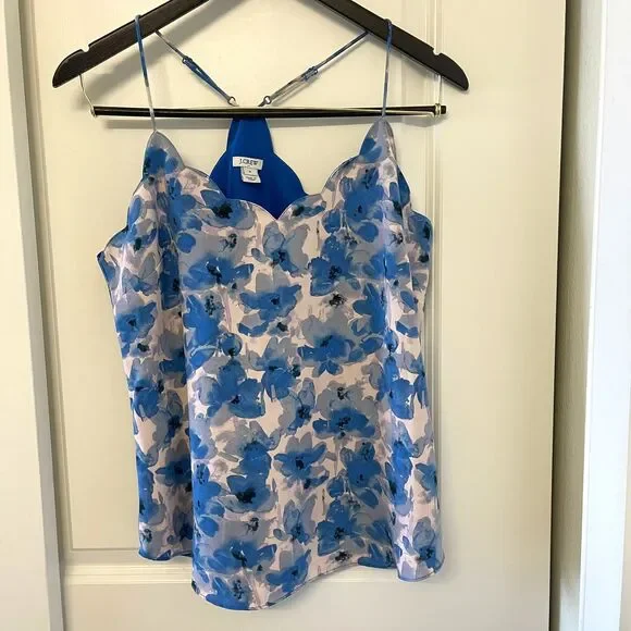 J.Crew Women's Blue Floral Scalloped Dressy Cocktail Cami Tank Top Size S/6 - Picture 2 of 8